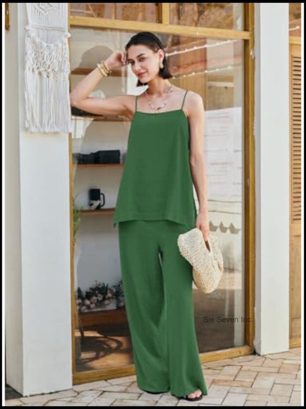 Linen 2 Piece Pants Set Spaghetti Strap Tank Top Wide Leg Lounge Outfits - Picture 5 of 7